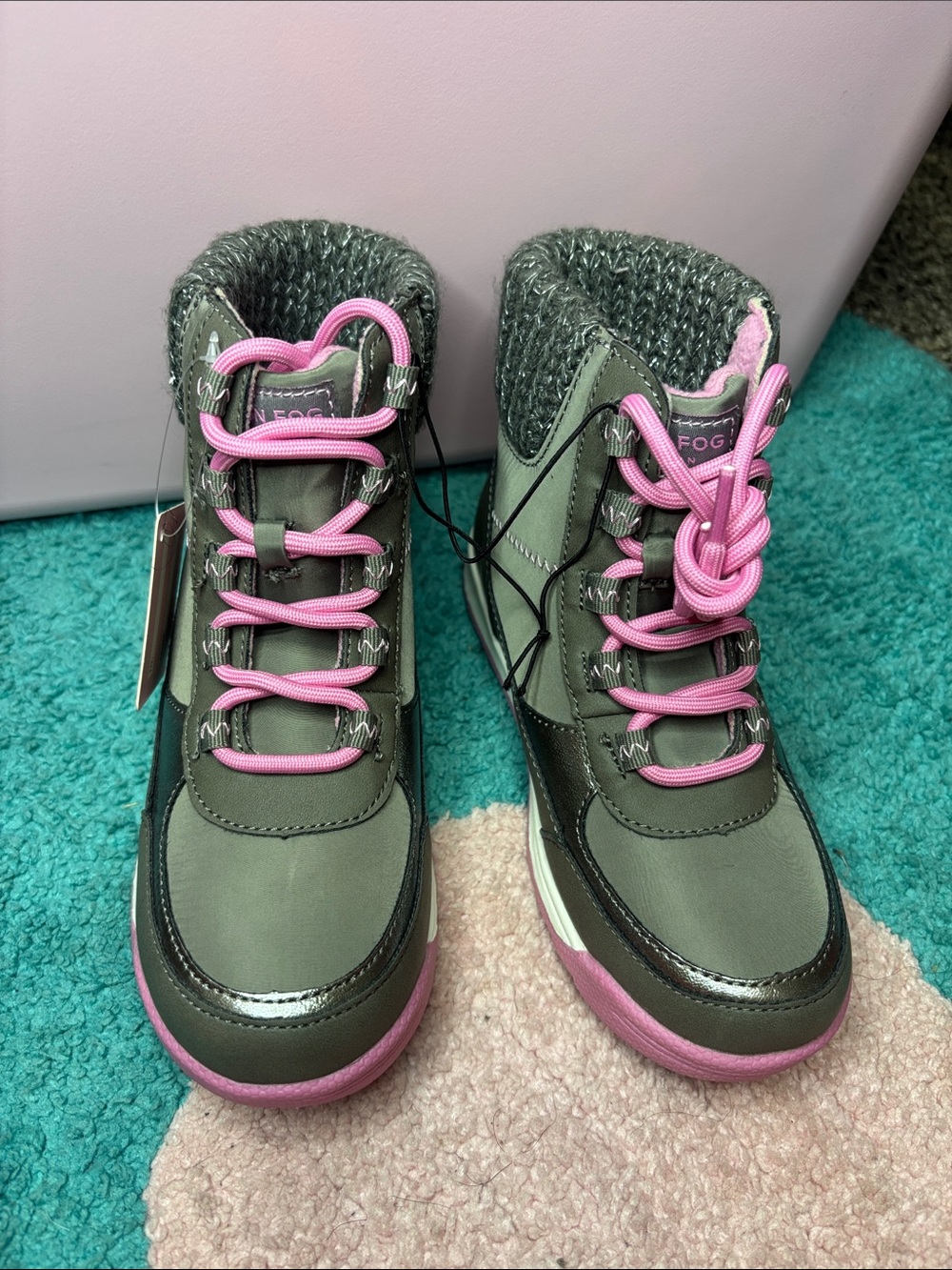 London Fog Waterproof Lace-Up Hiker Boots - Olive Green & Pink
